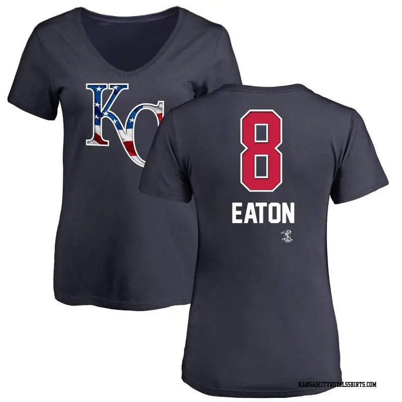 Women's Kansas City Royals ＃8 Nathan Eaton Navy Branded Name and Number Banner Wave V-Neck T-Shirt