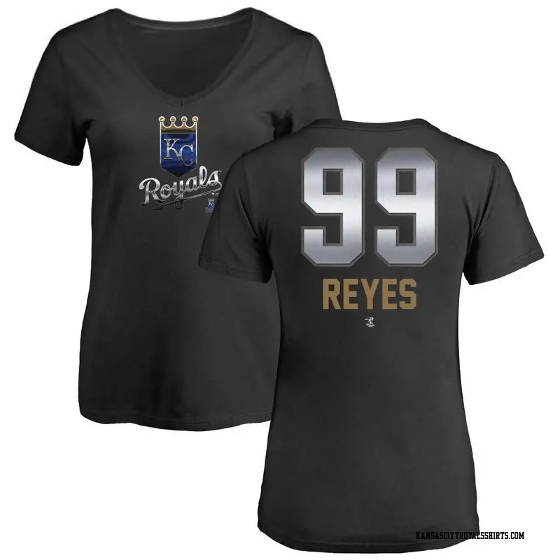 Women's Kansas City Royals ＃99 Franmil Reyes Black Branded Midnight Mascot V-Neck T-Shirt